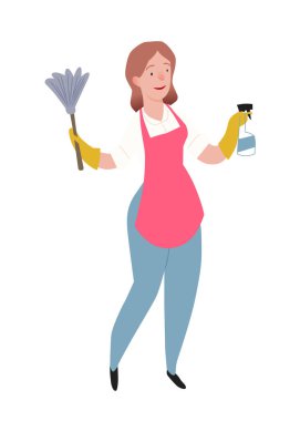 Temizlikçi kadın. Temizlikçi pembe önlüğün içinde duruyor. Tozları temizlemek için el spreyi ve fırçayla. Karakter çizimi beyaz arkaplanda izole edildi. Düz biçimli insanlar illüstrasyonuName.