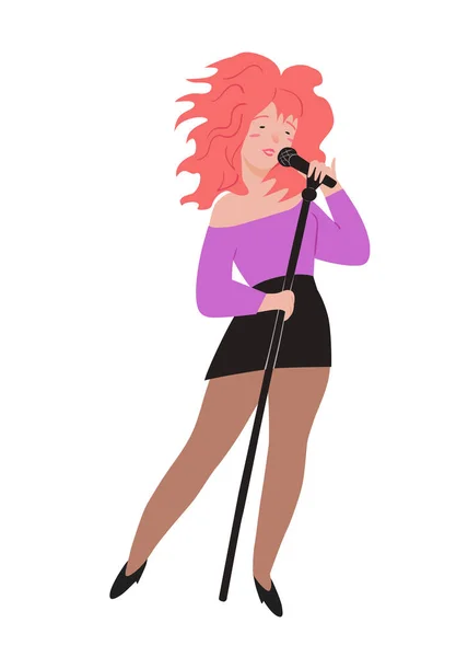 Singer. Girl holds the microphone and sings. Lilac jacket, black miniskirt, scarlet hair. Expressional woman. Character illustration isolated on white background. People vector illustration in flat.
