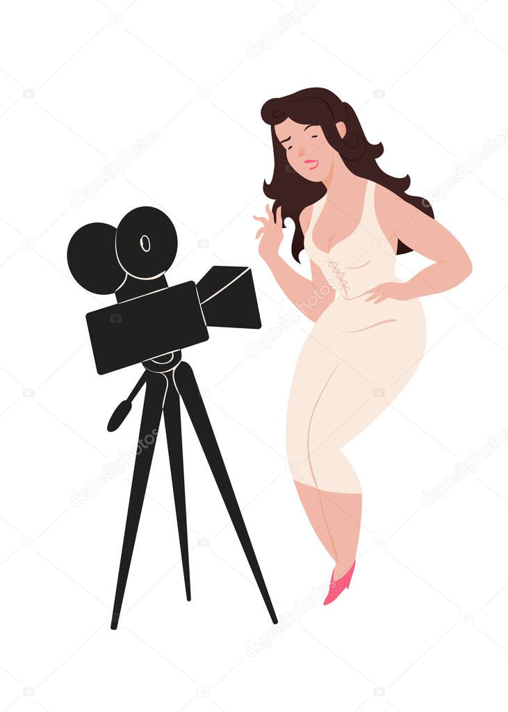 Actress. Beautiful girl in white fitting dress, with a brown hair, smiles, poses on the video camera. Character illustration isolated on white background. People vector illustration in flat style.