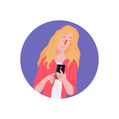 Z jenerasyonu. Sarı saçlı, kırmızı ceketli ve elinde akıllı telefon olan kırmızı burunlu bir kız. Düz dokuya sahip insanlar vektör illüstrasyonunu biçimlendirdiler.