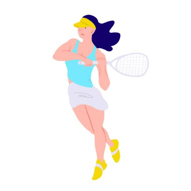 Tenis oyuncusu. Tenis sporcusu, düz stil. Mavi tişörtlü kız zıplıyor. Broşürler, afişler, spor müsabakaları, spor eşyaları paketlemek için kullanılır. Vektör illüstrasyonu izole nesne.