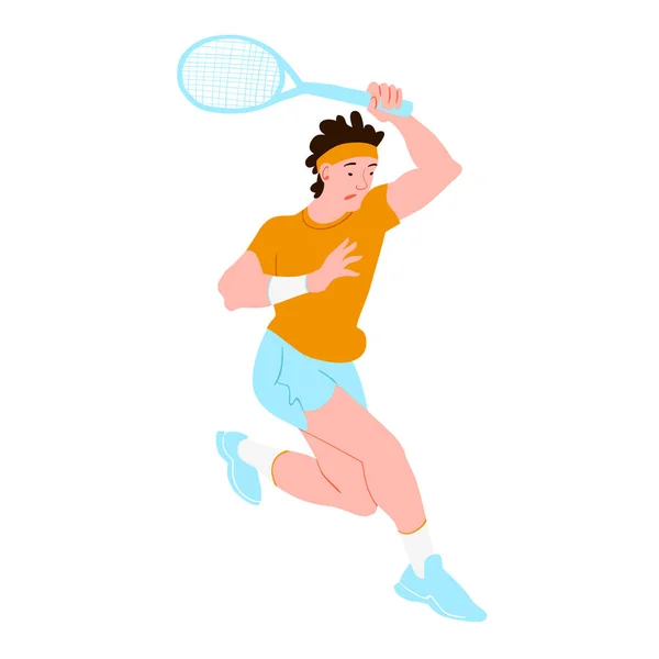 Jogador de ténis. Esportista de tênis estilo plano. O tipo corre de camisola amarela e calções azuis. Usado para folheto, eventos esportivos de banner, embalagem de artigos esportivos. Ilustração vetorial objeto isolado . — Vetor de Stock