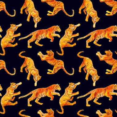 Siyah arka planda izole edilmiş kaplan desenli suluboya deseni. Moda biçimi.