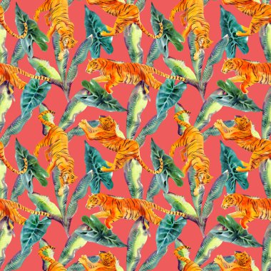 Pembe arka planda izole edilmiş kaplan ve tropikal bitkilerle suluboya desenli. Moda biçimi.