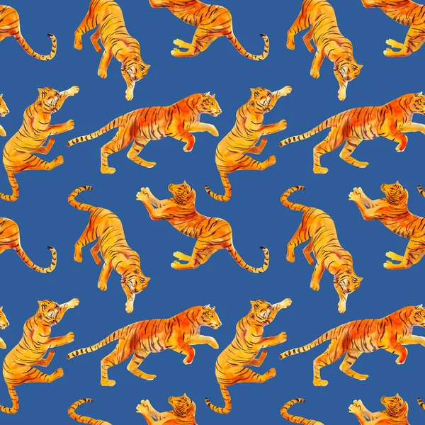 Patrón Sin Costuras Acuarela Con Tigres Aislados Sobre Fondo Azul —  Fotos de Stock