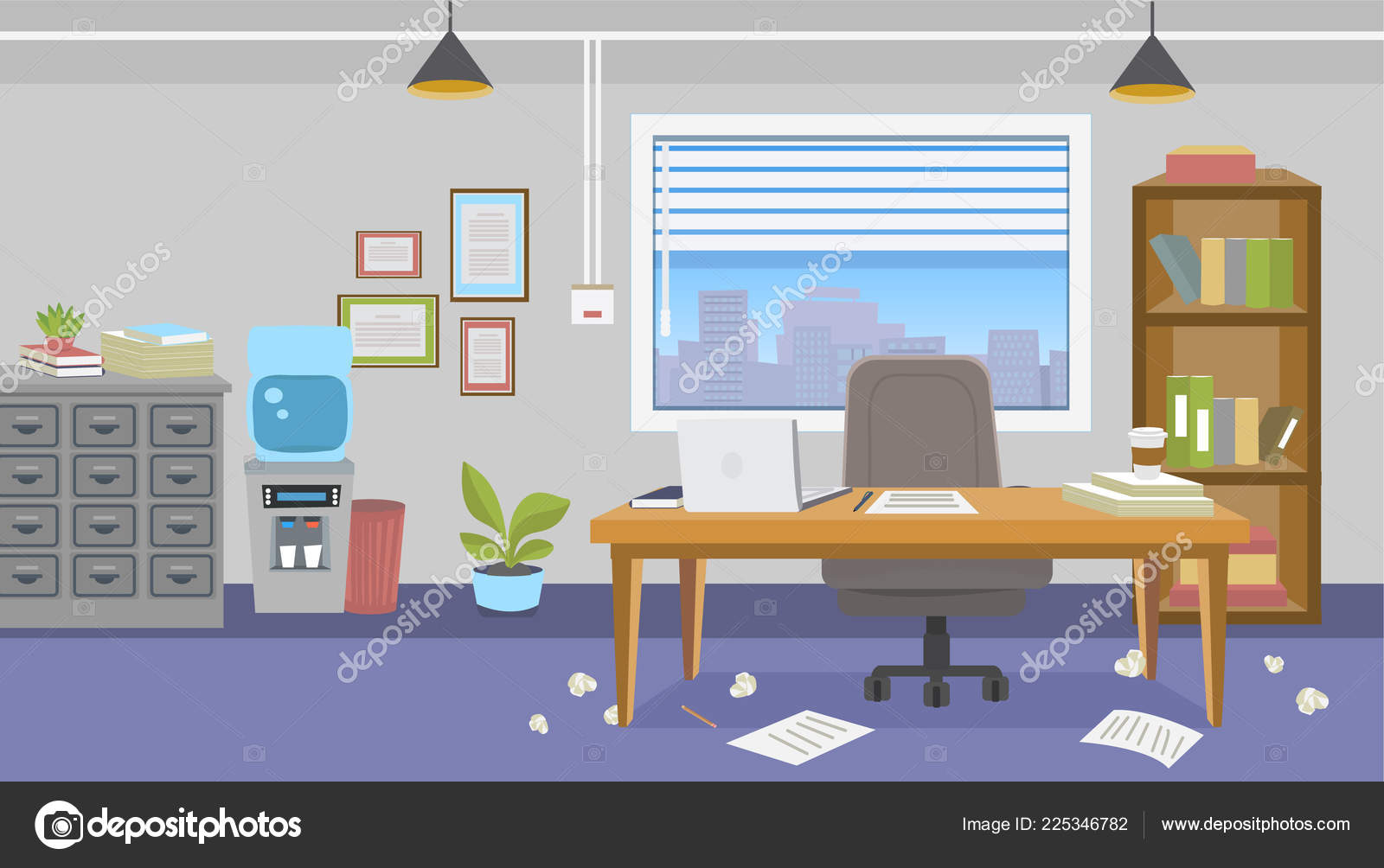 Illustration Office Interior Furniture Mess Workplace Bright