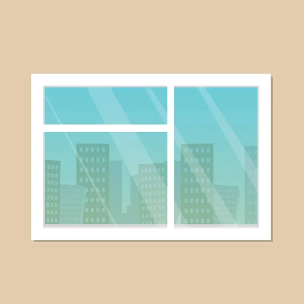 Room window city skyline view. Window framed concept with urban buildings view. Cartoon style