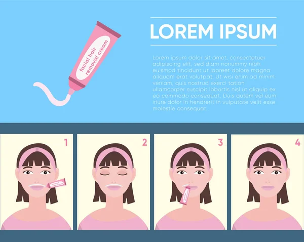 Template with scheme of applying on face bleaching or depilatory cream with text layout. Illustration shows steps of applying cream to delete unwanted facial hair.