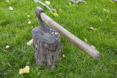 Çim arka plan üzerinde ahşap dışarı yapışan ahşap saplı çelik balta