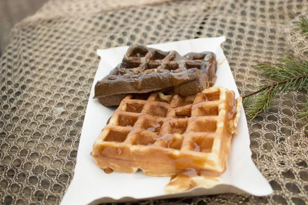 Delicious Waffles Chocolate Table — Stock Photo, Image