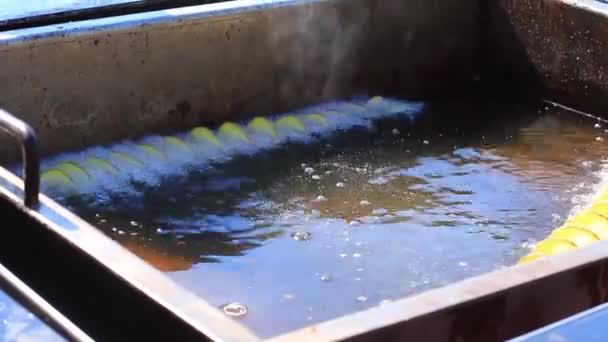 Krumpli egy bottal sült egy mély olajsütő. forrásban lévő olaj — Stock videók
