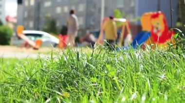 bir çocuk Oyun Alanı arka planda rüzgarda sallanan yeşil çim