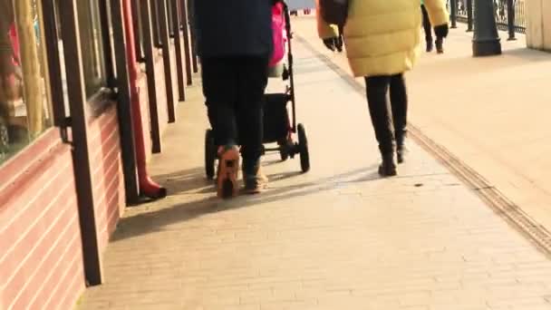 Bir bebek arabası ile yürüyen genç bir çift — Stok video