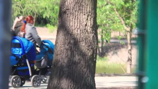 Dorośli chodzenie po ulicy z wózkami — Wideo stockowe