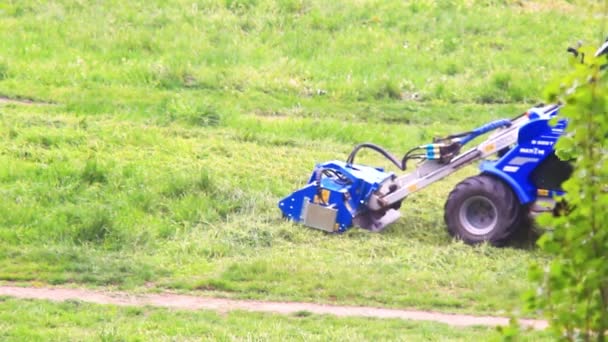 Grüner Traktor zur Rasenreinigung mäht die Lichtung — Stockvideo