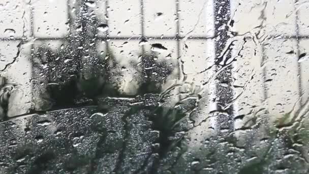 Σταγόνες βροχής που πέφτουν στο γυαλί θόλωσαν το φόντο — Αρχείο Βίντεο