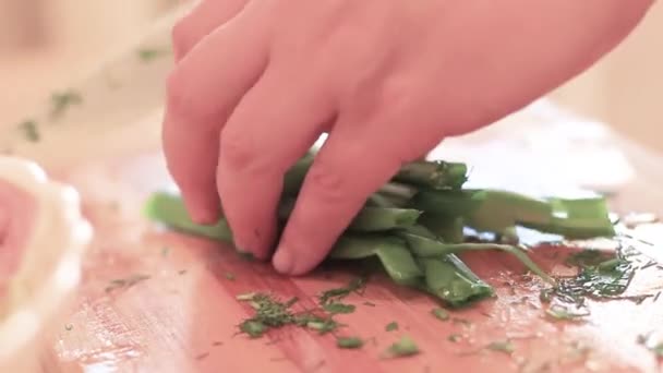 Main féminine gros plan des oignons verts coupés sur la salade — Video