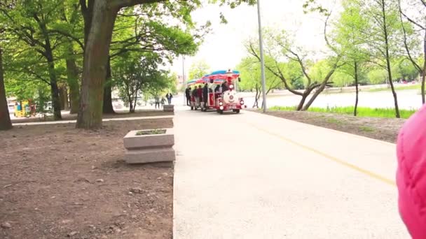 Kaliningrad 2019.Elektrischer Zug mit Kindern fährt auf dem Weg des Parks — Stockvideo