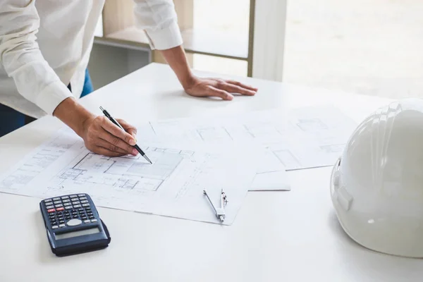 Elementos Trabajo Herramientas Para Proyecto Arquitecto Ingeniero Trabajando Proyecto Arquitectónico —  Fotos de Stock