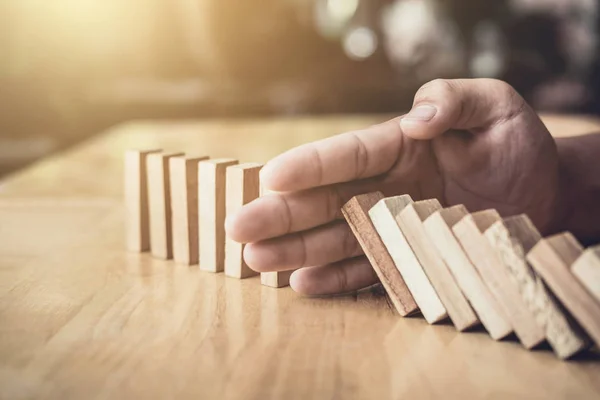 Strategy Successful Intervention Concept Business Businessman Hand Stopping Falling Wooden — Stock Photo, Image