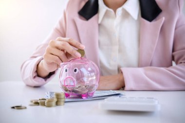 Kumbara para koyarak ve para sikke ve Doları, mali kavramı gelir ile analiz iş yatırım stratejisi için hesap makinesini kullanarak iş kadını.