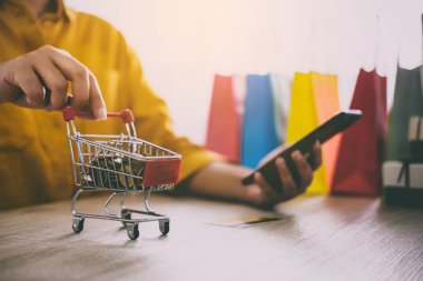 Alışveriş sepeti online alışveriş web sitesi için akıllı telefon kullanan genç kadın kadar yakın ve ödeme kredi kartı, Online ödeme ve alışveriş kavramı.