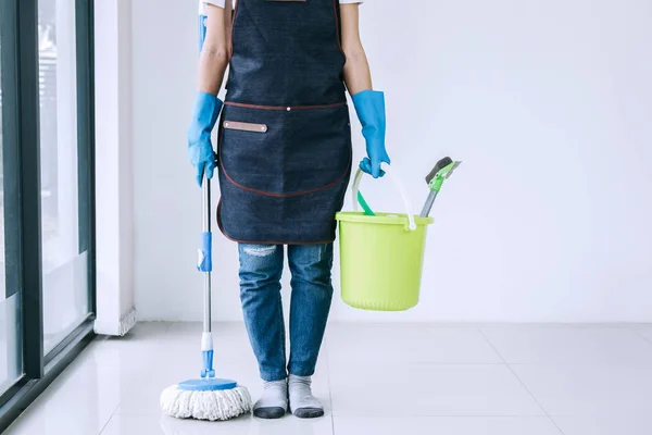 Housekeeping Cleaning Concept Happy Young Woman Blue Rubber Gloves Holding — Stock Photo, Image