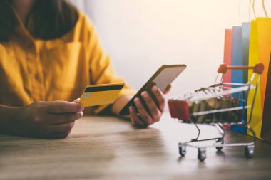 Online alışveriş web sitesi ve ödeme kredi kartı, Online ödeme ve alışveriş kavramı için akıllı telefon kullanan genç kadın görüntüsünü.