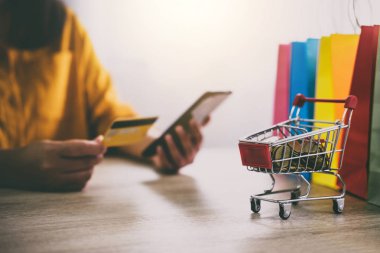 Online alışveriş web sitesi ve ödeme kredi kartı, Online ödeme ve alışveriş kavramı için akıllı telefon kullanan genç kadın görüntüsünü.