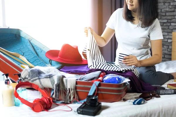 Travel Vacation Concept Happiness Woman Packing Stuff Lot Clothes Suitcase — Stock Photo, Image