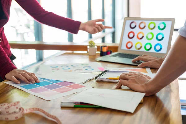 Two Young Professional Fashion Designer Colleagues Working Project Drawing Sketches — Stock Photo, Image