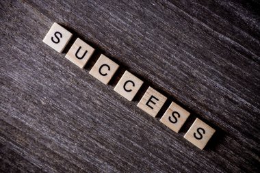 Ahşap arka plan üzerinde ahşap küpleri ile kelime başarı ile bulmaca tarafından sunulan konsept.