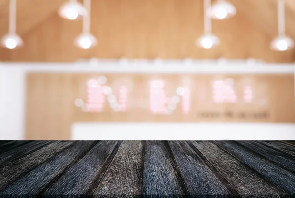 Mesa Madera Vacía Fondo Borroso Abstracto Frente Cafetería Restaurante Para — Foto de Stock