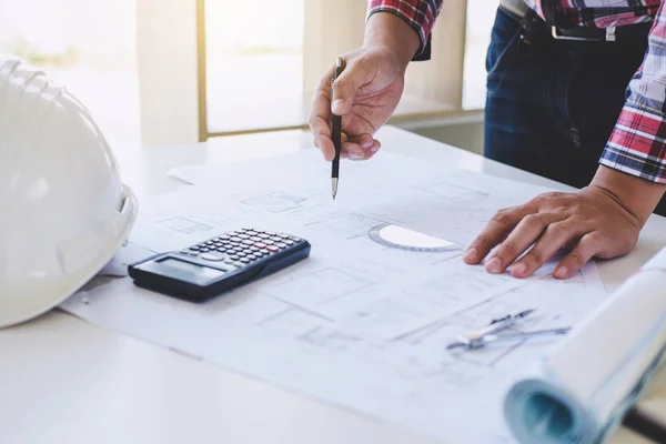 Elementos Trabajo Herramientas Para Proyecto Arquitecto Ingeniero Trabajando Proyecto Arquitectónico — Foto de Stock