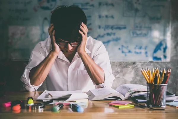 Young Asian Student Man Sitting Desk Home Studying Reading Doing — Stock Photo, Image