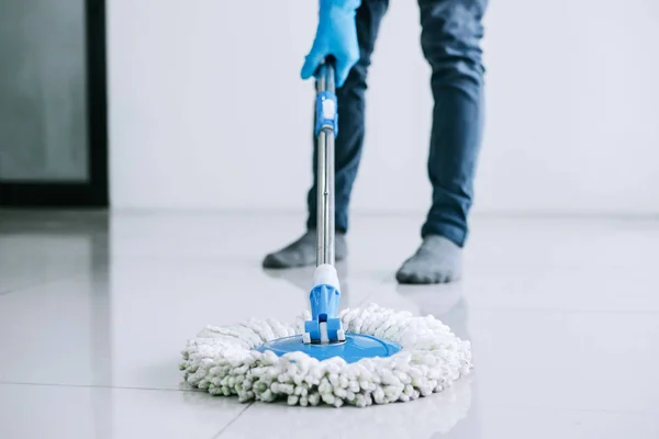Husband Housekeeping Cleaning Concept Happy Young Man Blue Rubber Gloves — Stock Photo, Image