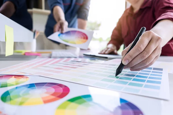 Two Colleague Creative Graphic Designer Working Color Selection Color Swatches — Stock Photo, Image