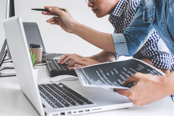 Writing Codes Typing Data Code Technology Programmer Cooperating Working Web — Stock Photo, Image