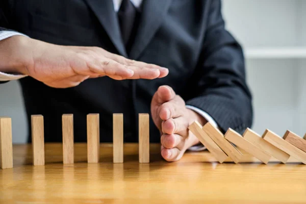 Wooden Game Strategy Businessman Hand Stopping Falling Wooden Dominoes Effect — Stock Photo, Image