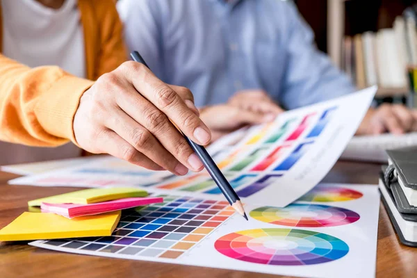 Two Colleague Creative Graphic Designer Working Color Selection Color Swatches — Stock Photo, Image