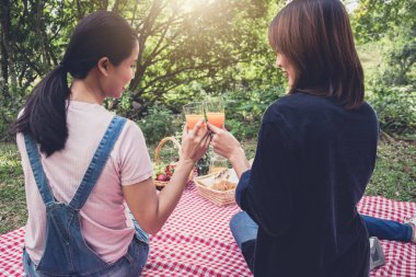 İki yaz piknik, tatil, tatil, portakal suyu yudumlarken piknik zevk arkadaş yemek, insanlar ve gevşeme kavramı.