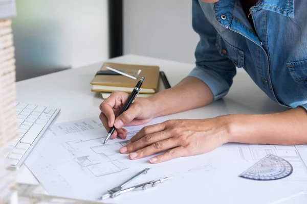 Architect Working Blueprint Engineer Working Engineering Tools Architectural Project Workplace — Stock Photo, Image