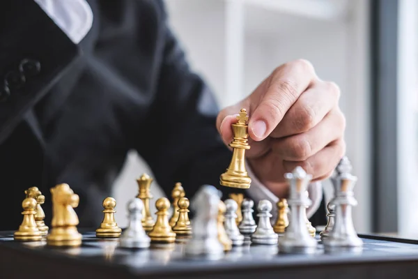Hands Confident Businessman Playing Chess Game Development Analysis New Strategy — Stock Photo, Image