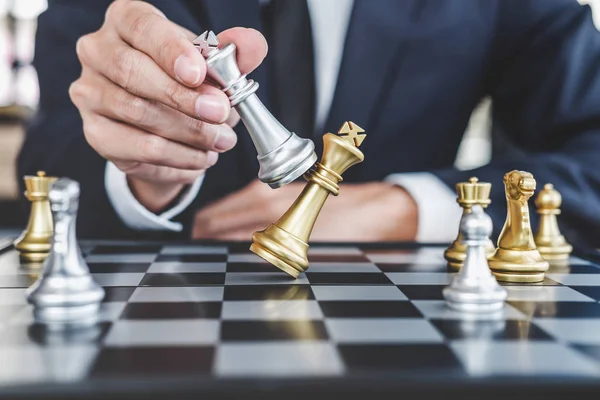 Businessman Playing Chess Game Reaching Plan Strategy Success Thinking Planning — Stock Photo, Image