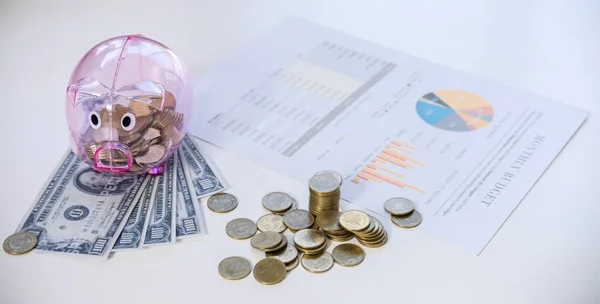 Piggy bank and money with business document, business finance investment.