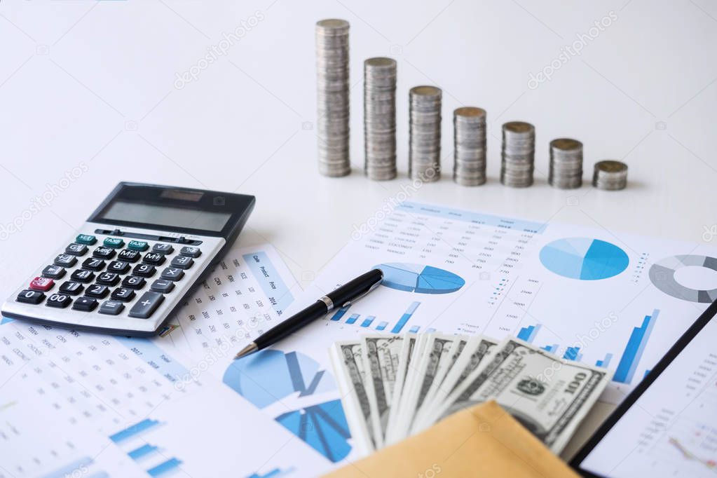 Business accessories in selective focus, Items for accounting, Marketing strategy, investment and saving, accounting and stock market.