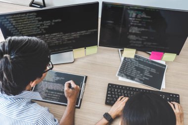 Kodları yazma ve veri kodunu yazarak şirket ofisi, iki profesyonel programcılar gelişmekte olan programlama ve Web sitesi bir yazılımda çalışma işbirliği geliştirmek.