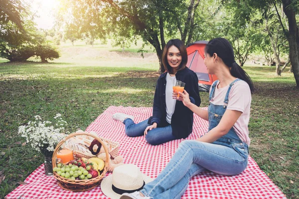 Dois Amigos Desfrutando Piquenique Enquanto Bebem Suco Laranja Piquenique Verão — Fotografia de Stock