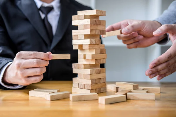 Images Hand Businesspeople Placing Pulling Wood Block Tower Alternative Risk — Stock Photo, Image
