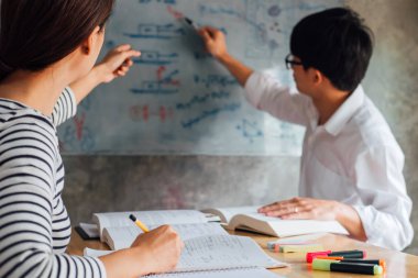 Ödev ve ders pratik sınav giriş, eğitim kavramı için hazırlık yaparken çalışma kitabı yakalamak ve sınıfta ders ve okuma, öğrenme lise veya üniversite öğrenci grubu.